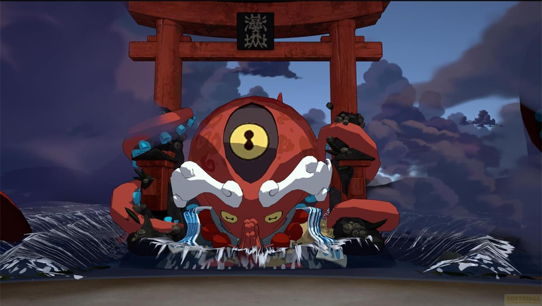 Ein riesiges rotes Oktopus-Monster mit einem Auge hinter einem Torii-Tor.