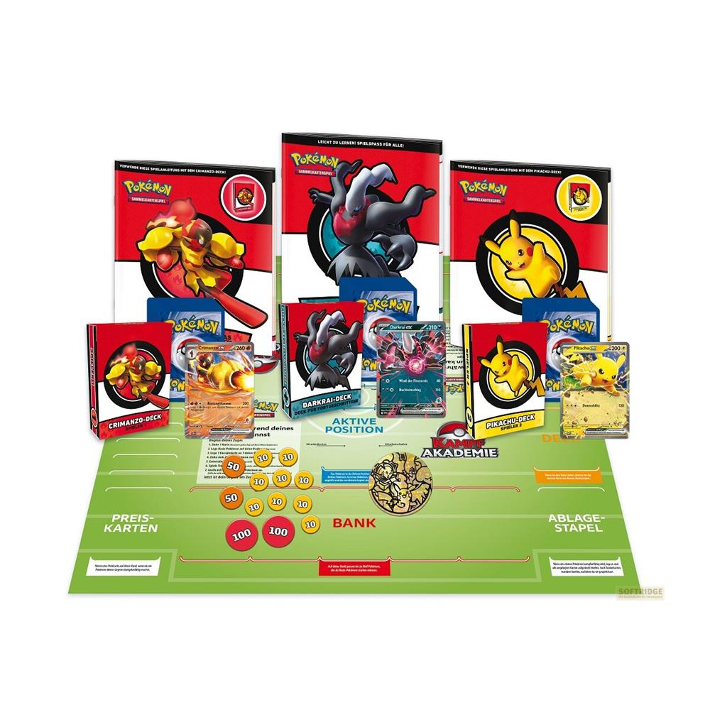 Tapis de jeu Pokémon avec decks Darkrai, Pikachu, Crimanzo, cartes et pièces.
