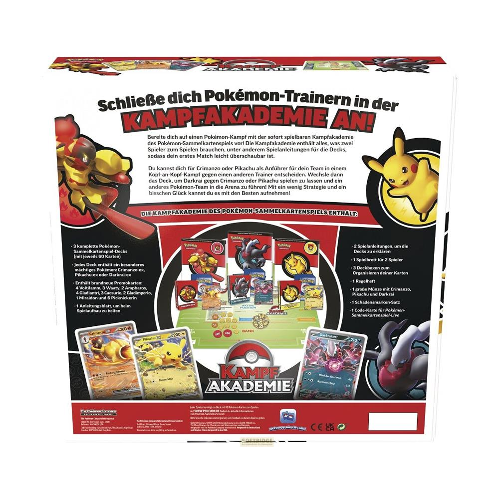 Boîte Académie de Combat Pokémon avec cartes, plateau, pièces et livret.