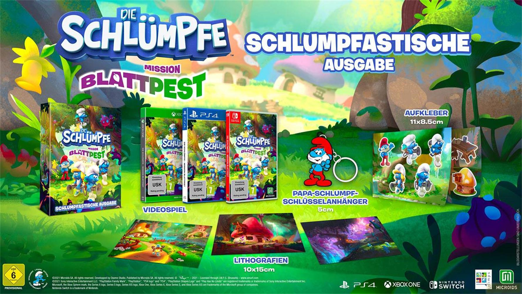 Spielverpackungen, Aufkleber und Lithografien für Die Schlümpfe: Mission Blattpest.