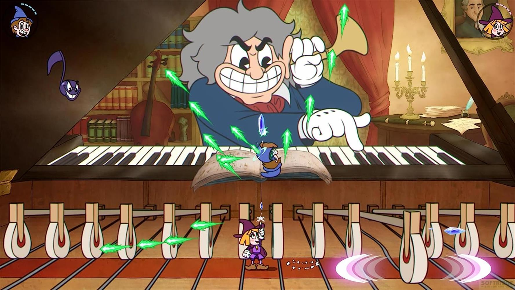 Zeichentrickfigur spielt Klavier, umgeben von grünen Projektilen und Noten.