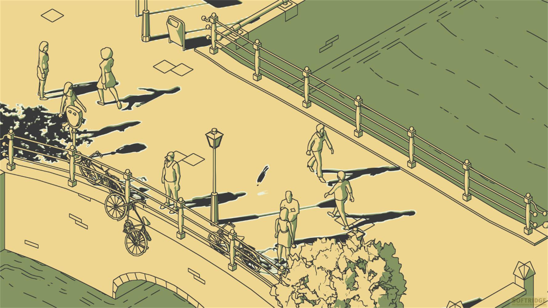 Menschen spazieren auf einer Brücke mit Fahrrädern und einem Laternenpfahl.