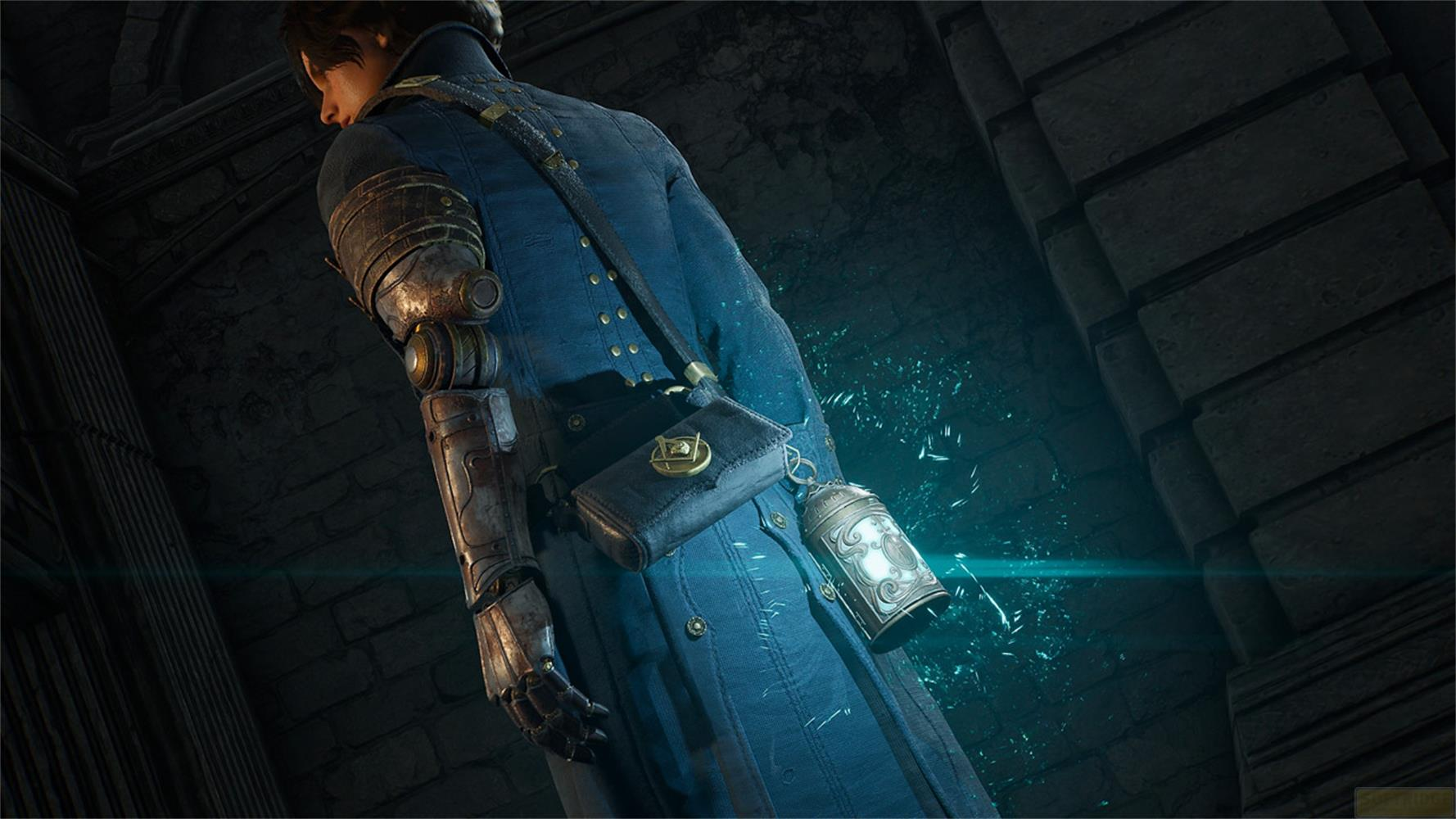 Ein Mann in einem blauen Mantel mit mechanischem Arm und Laterne.