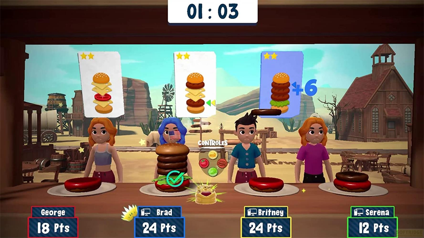 Vier Charaktere stehen vor einer Westernkulisse, Burger-Bestellungen werden angezeigt.