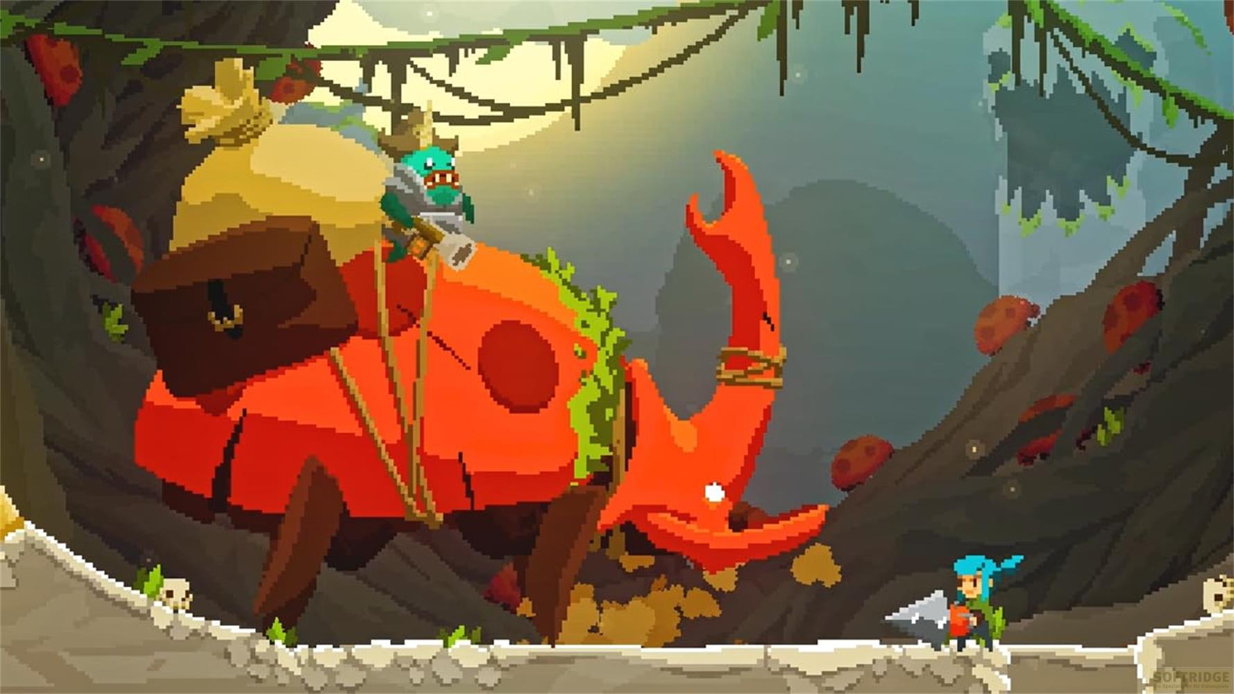 Eine pixelige Szene mit einer Kreatur, die durch einen Dschungel auf einem großen orangefarbenen Käfer reitet.