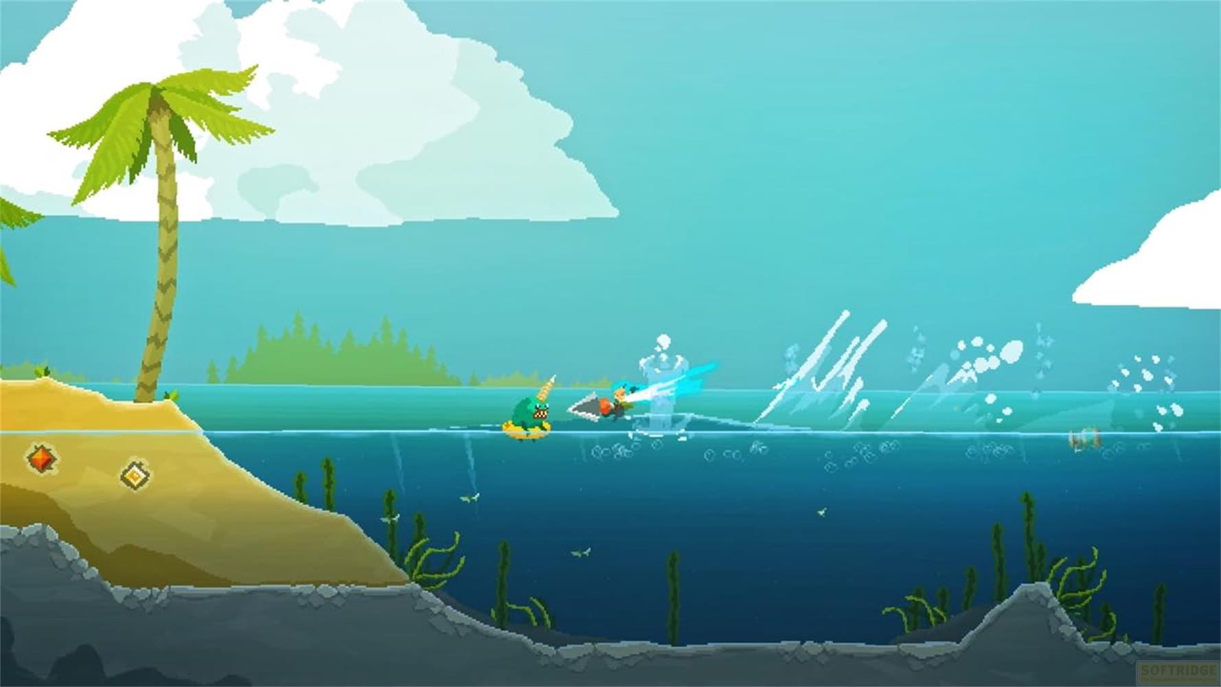 Pixel-Art-Spielszene mit einem grünen Monster auf einem Floß und einer Figur auf einem Jet-Ski.