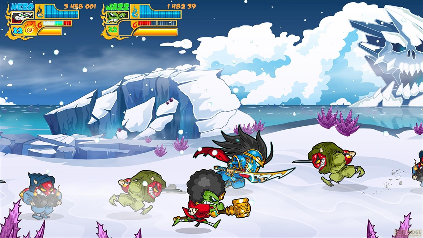 Personaggi anime combattono in un paesaggio innevato con iceberg e piante viola.