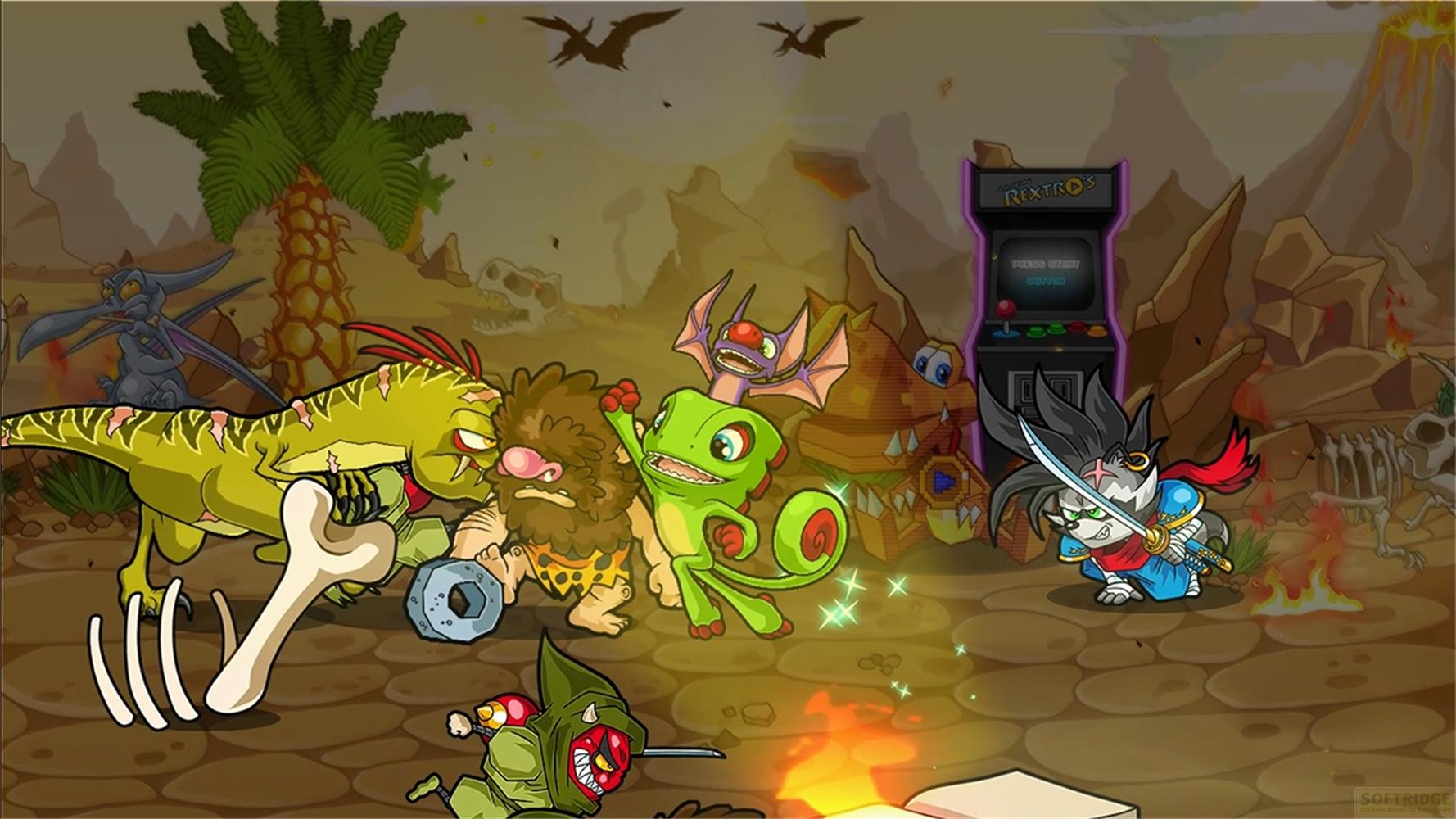 Una scena di giungla a cartoni animati con dinosauri, un cavernicolo, una volpe e una sala giochi.
