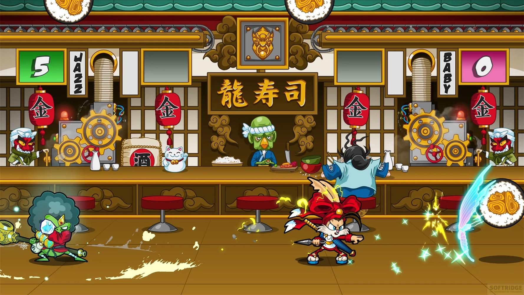 Presenta una scena in un ristorante giapponese con personaggi dei cartoni animati in battaglia.