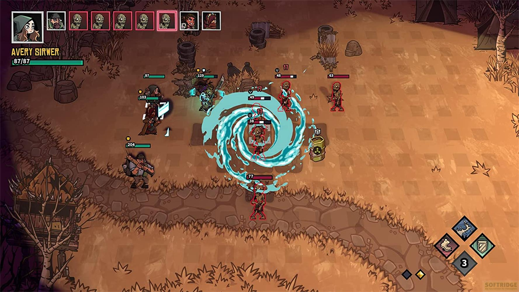 Spieler kämpfen gegen Zombies. Eine blaue Wasserattacke wird in der Mitte entfesselt.