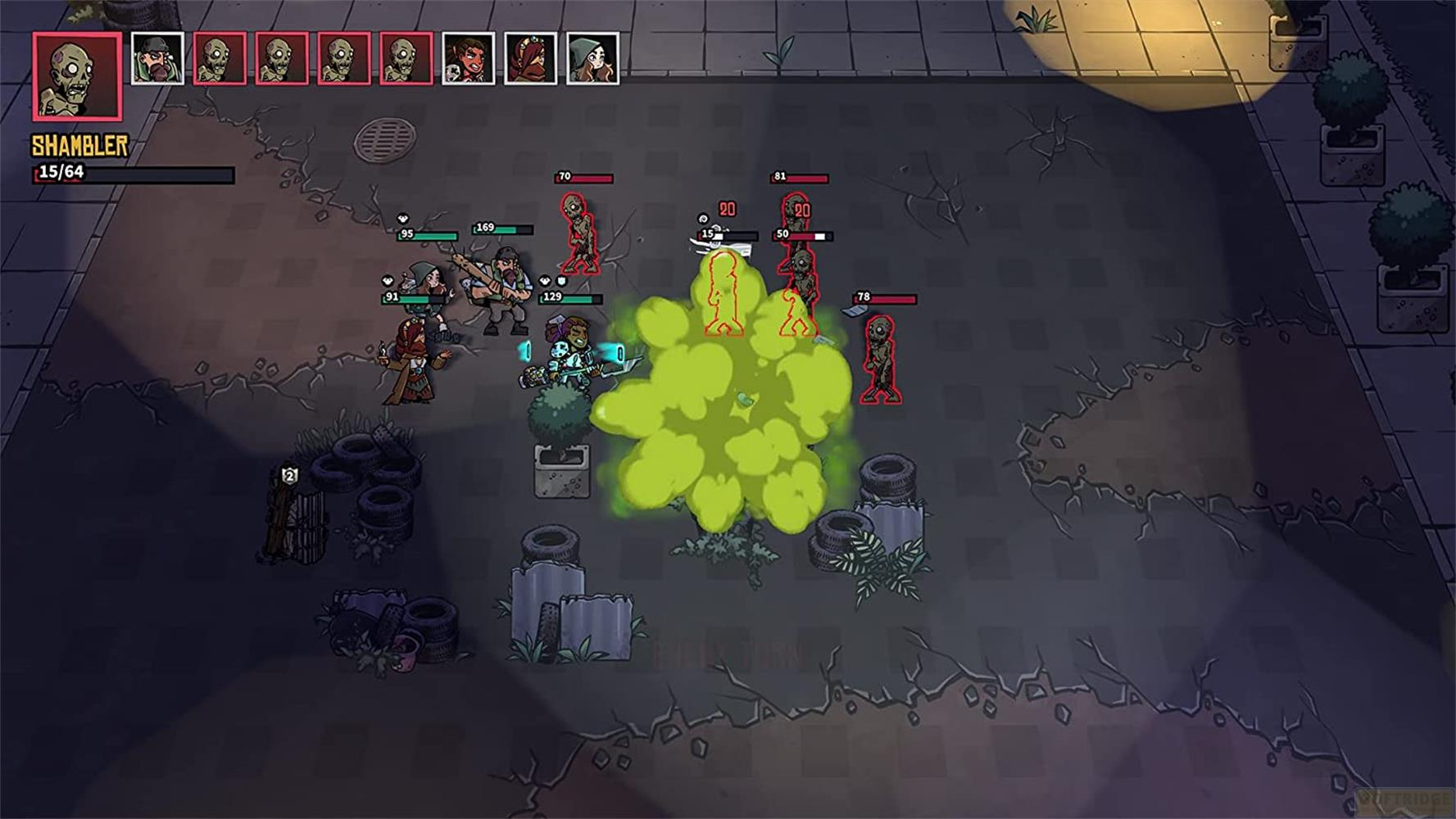 Zombie-Kampfspiel: Charaktere greifen Zombies mit grüner Gaswolke an.