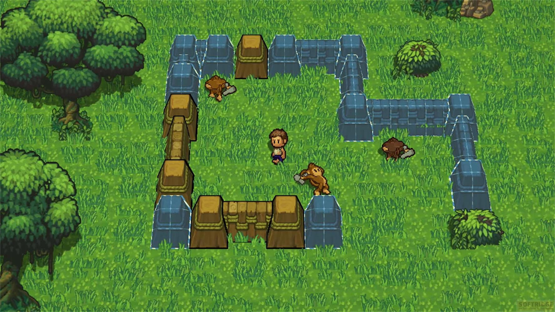 Ein kleiner Junge steht inmitten eines Labyrinths aus Stein und Holz mit zwei Affen.