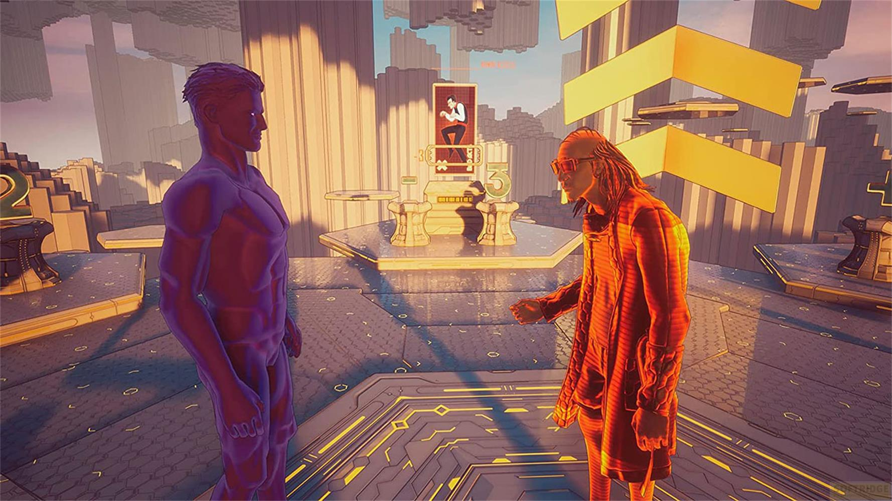 Zwei Figuren in futuristischer Umgebung, eine lila, die andere orange.