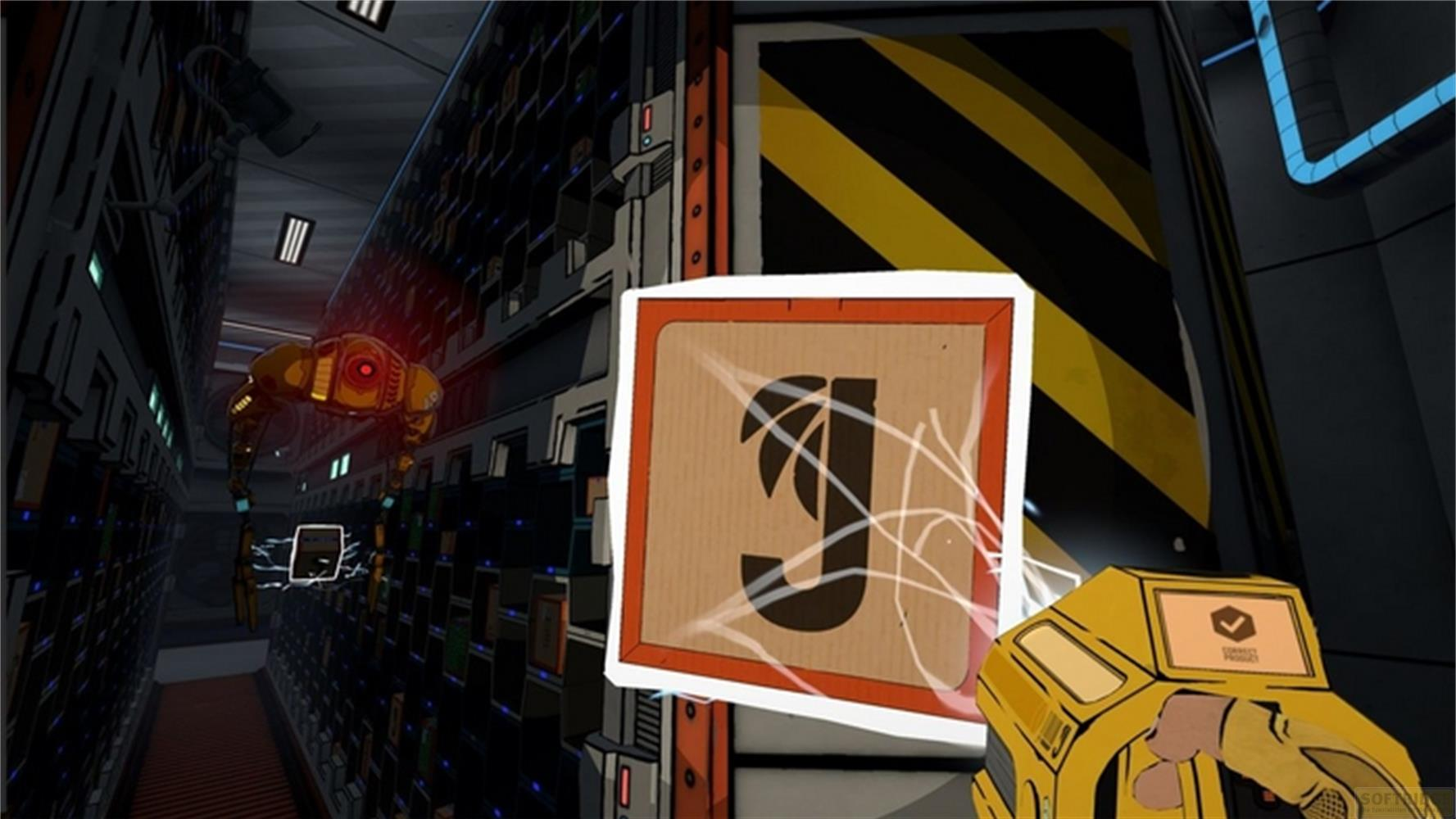 Ein gelber Roboter mit rotem Auge in einem dunklen Serverraum mit einem Schild mit 'J'.