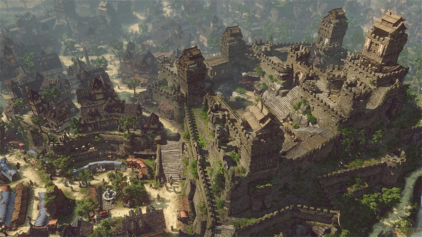 Un castello medievale su una collina con case a graticcio circostanti e una piazza del mercato.