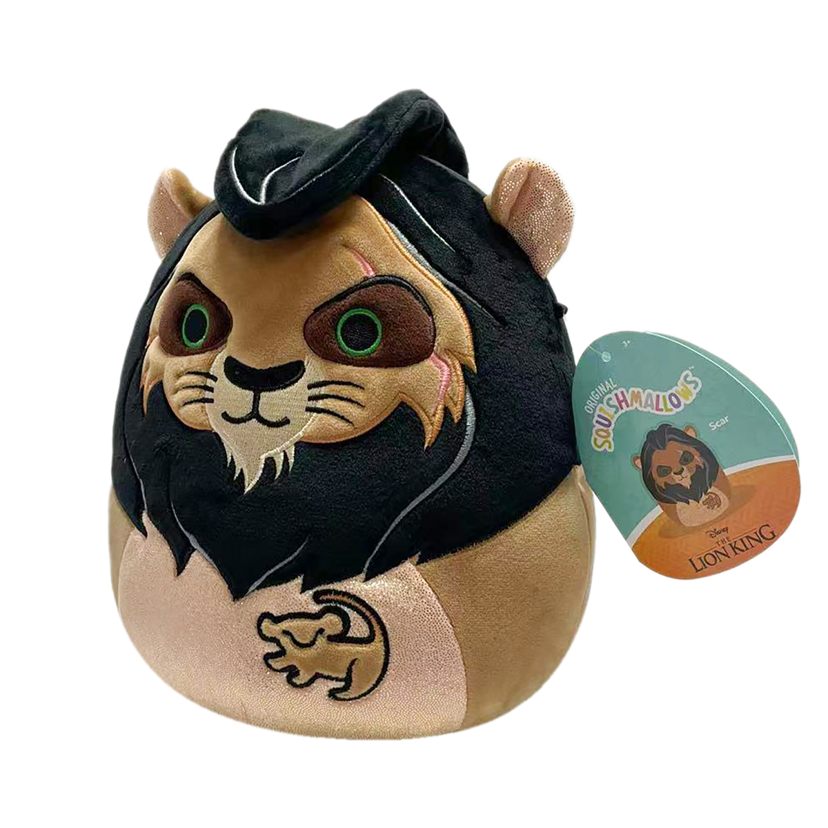 Ein braunes und schwarzes Squishmallow-Plüschtier von Scar aus Der König der Löwen mit Etikett.