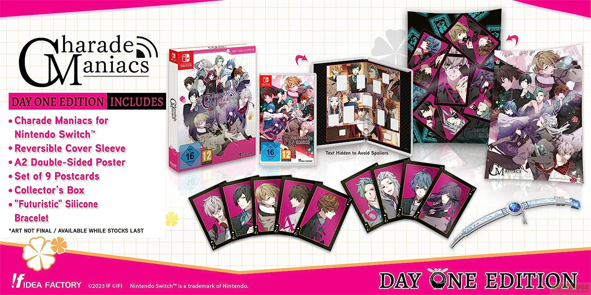 Charade Maniacs: Day One Edition-Inhalt mit Spiel, Hülle, Poster, Postkarten, Box & Armband.