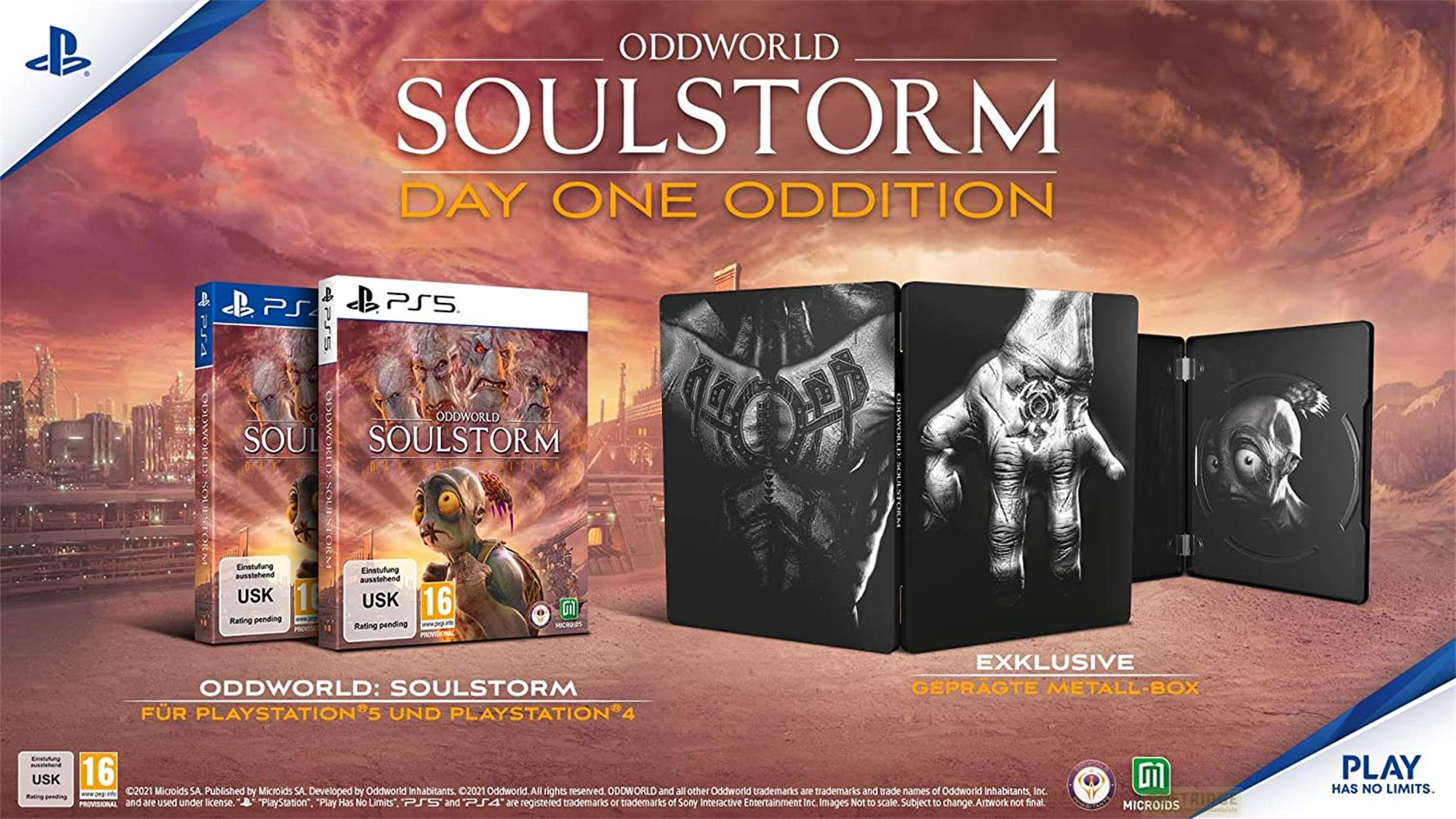 Oddworld: Soulstorm Day One Edition für PS5 und PS4 mit Steelbook und Spielen.