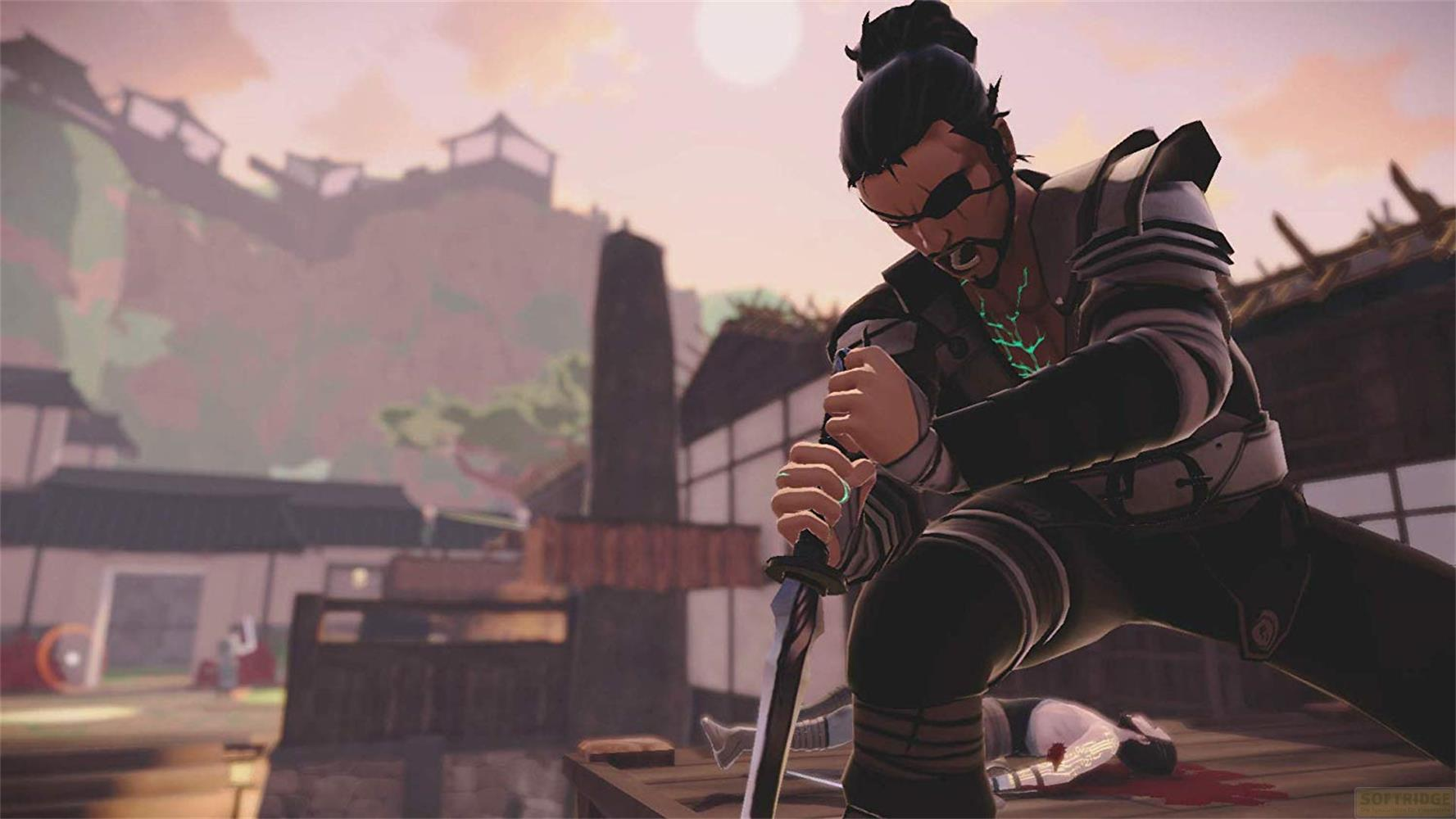 Ein Samurai mit Augenklappe zieht sein Schwert vor einer Dorfkulisse.
