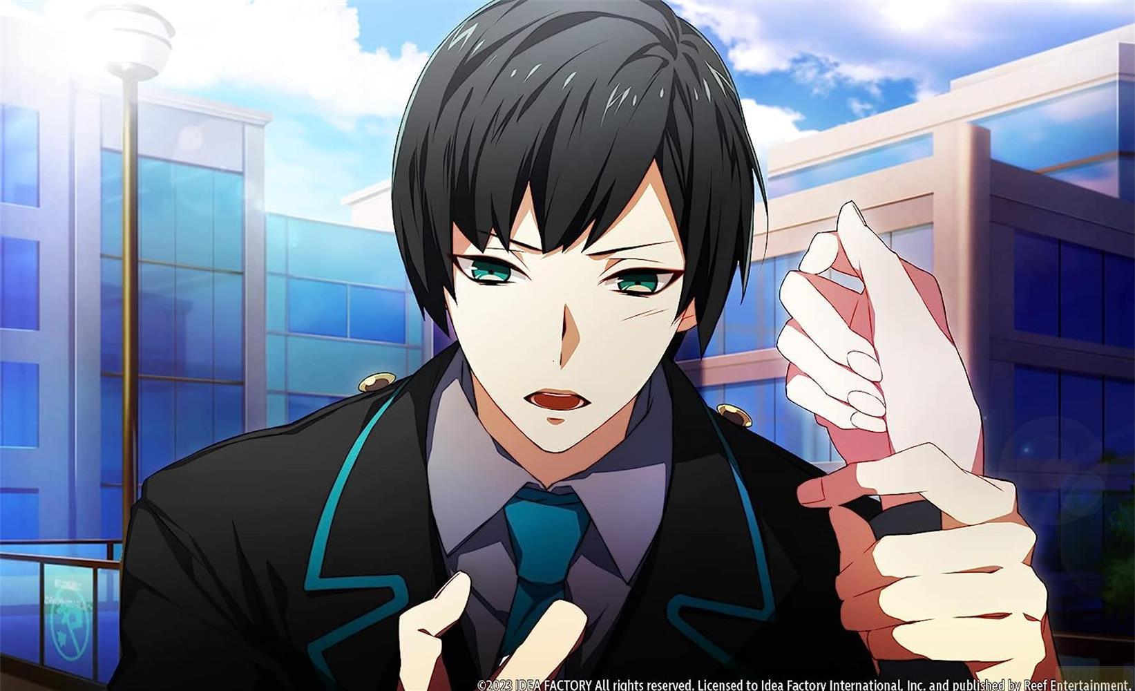 Ein Anime-Mann mit schwarzen Haaren und grünen Augen in einem schwarzen Anzug.