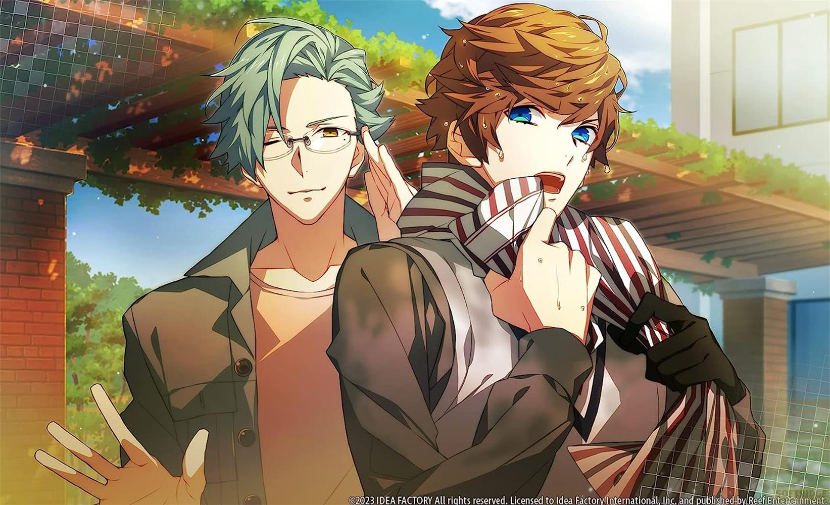 Zwei Anime-Jungen stehen nebeneinander, einer mit Brille, der andere hält sich am Schal.