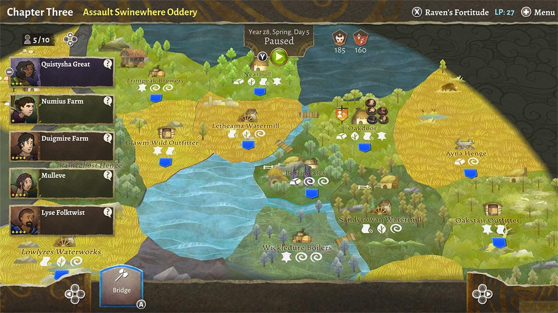 Eine Spielkarte mit Orten, Charakteren und Ressourcen.