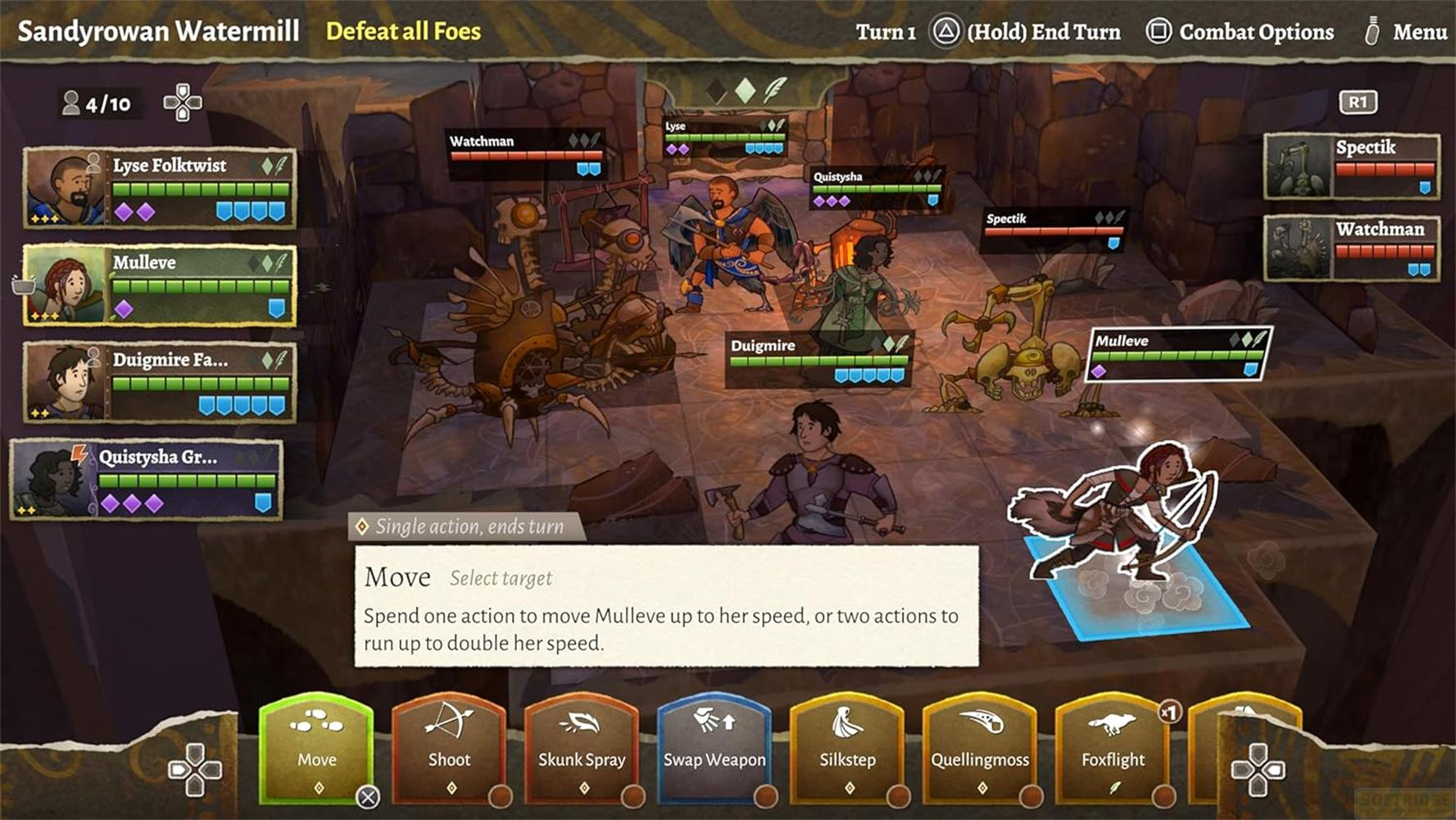 Strategisches rundenbasiertes Spiel mit Charakteren, Monstern und Aktionsleisten.
