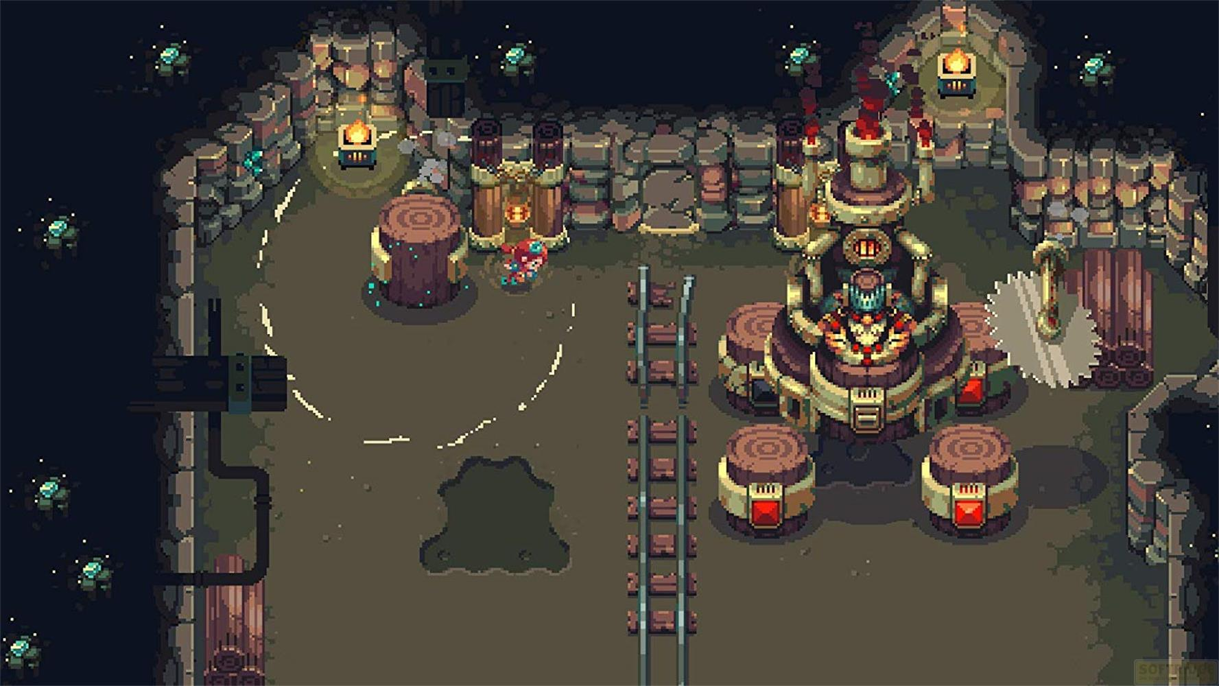 Pixel-Art-Szene: Ein mechanisches Zentrum mit Zahnrad und Schienen in einer Höhle.