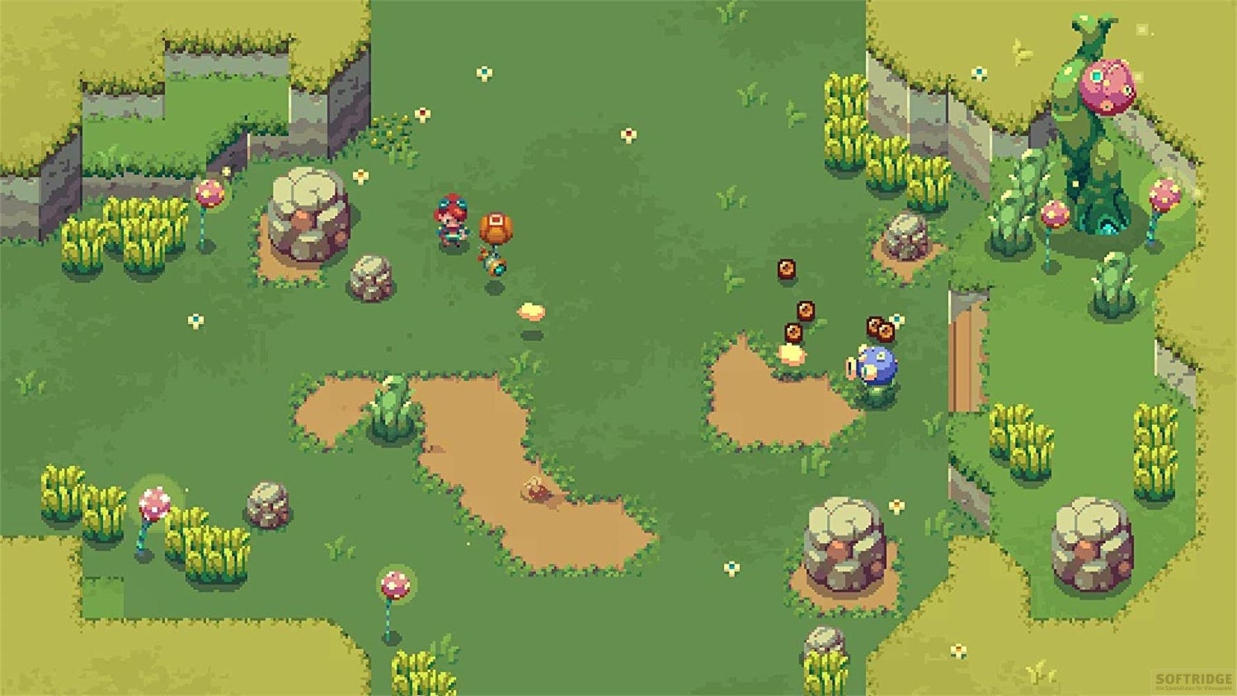 Pixel-Art-Spielszene mit Charakteren, Monstern und einer grünen Landschaft.