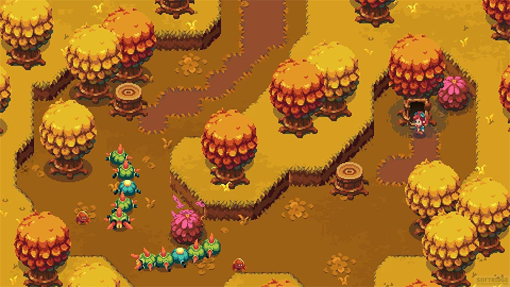 Pixelgrafik mit einer Spielfigur, die sich einem Haus nähert, umgeben von gelben und orangefarbenen Bäumen.