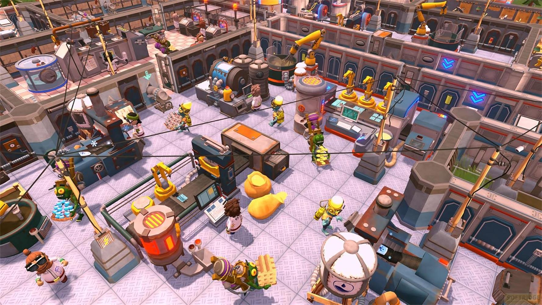 Eine Fabrik mit kleinen Figuren, Maschinen und Rohren.
