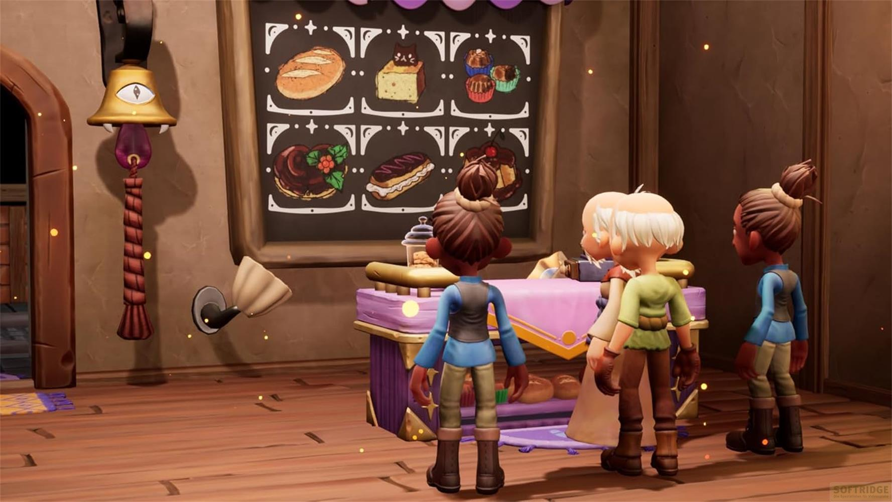 Drei Kinder stehen vor einer Theke mit Backwaren auf einer Tafel. Ein goldener Glöckchen hängt an der Wand.