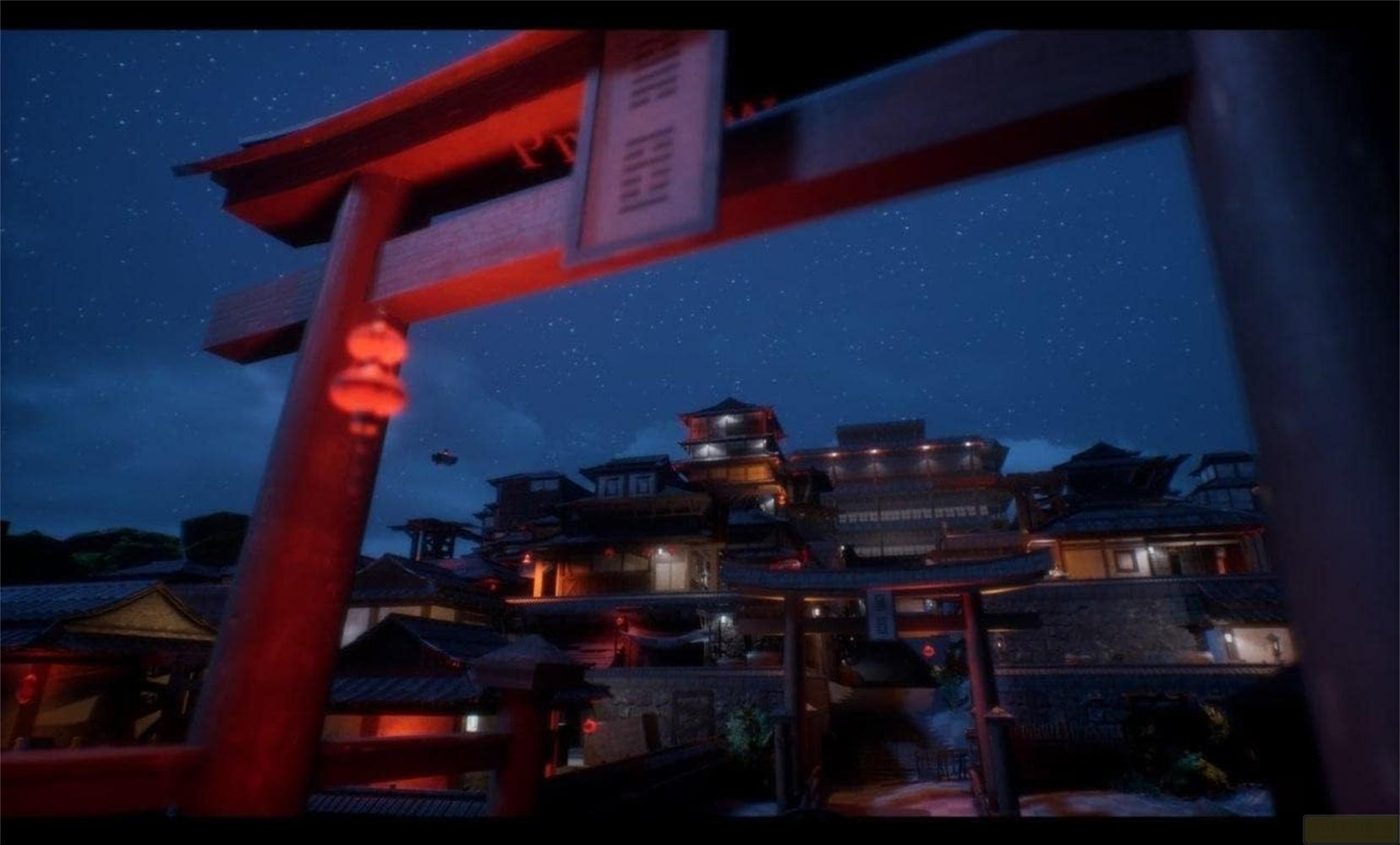 Un cancello torii rosso è in primo piano. Dietro, una città con edifici tradizionali di notte.