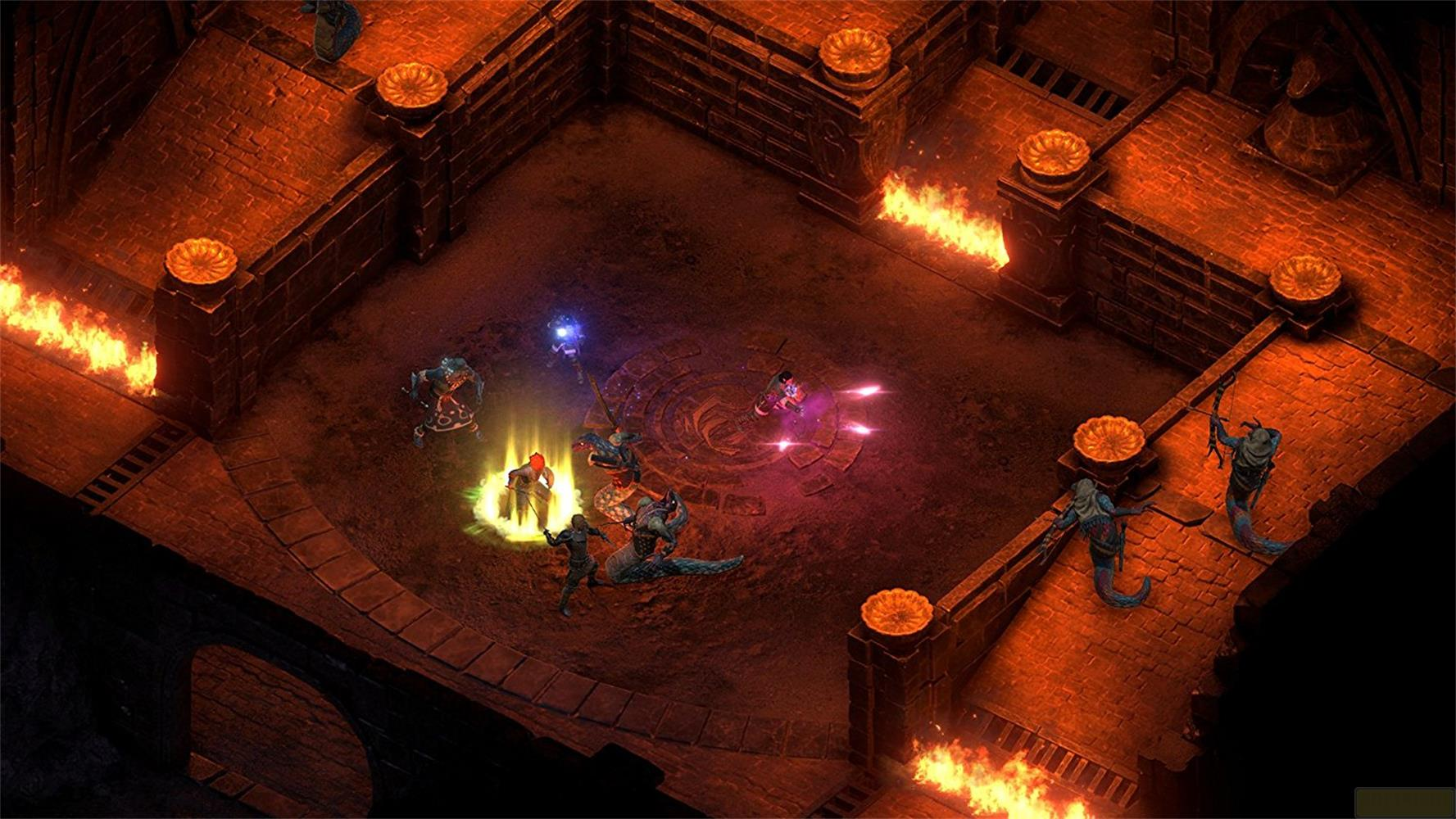 Kämpfer in einer düsteren Steinhöhle mit Flammen und Magie.