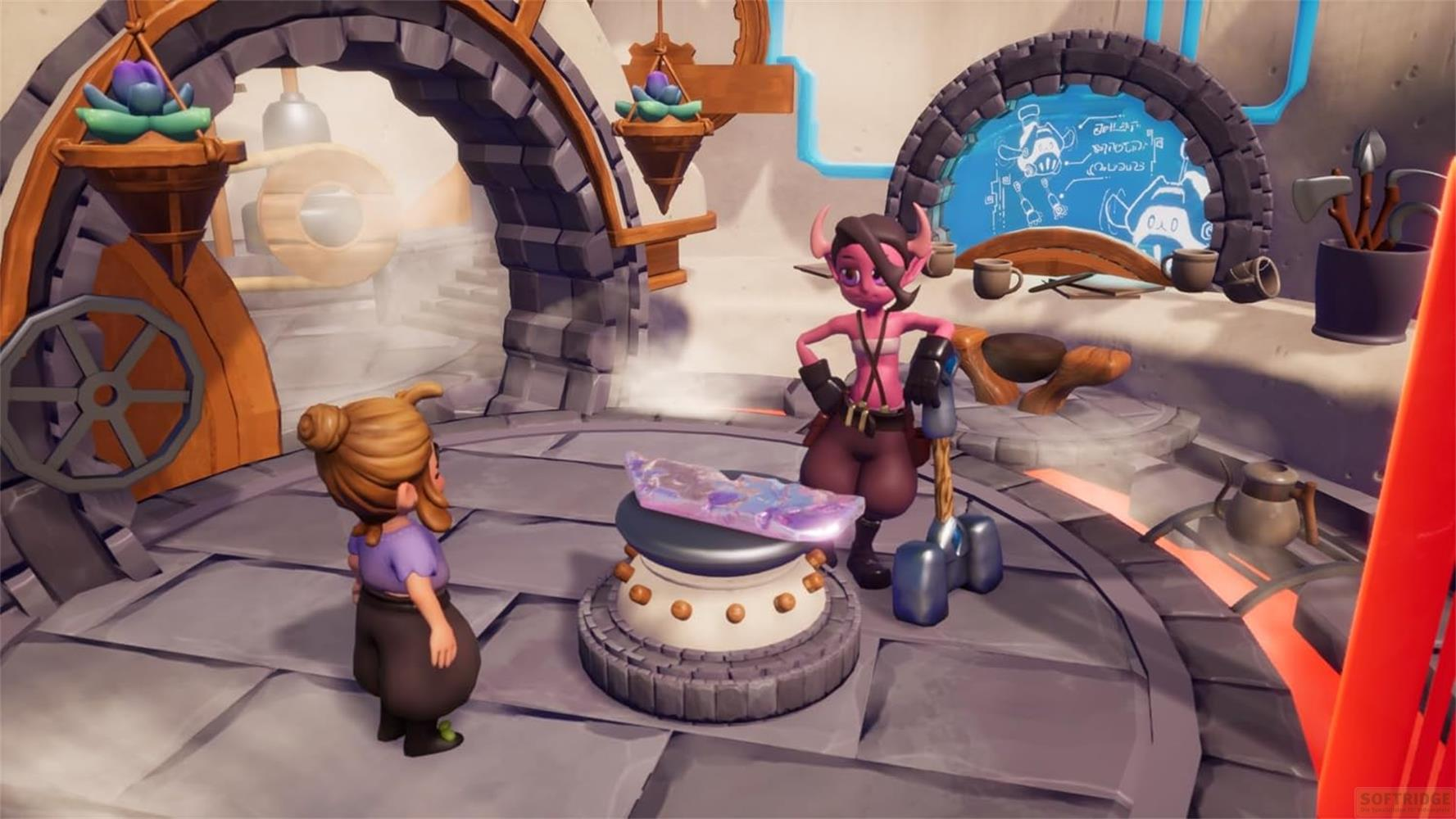 Ein rosa Kobold steht neben einem Kristall, ein anderes Kind schaut zu.