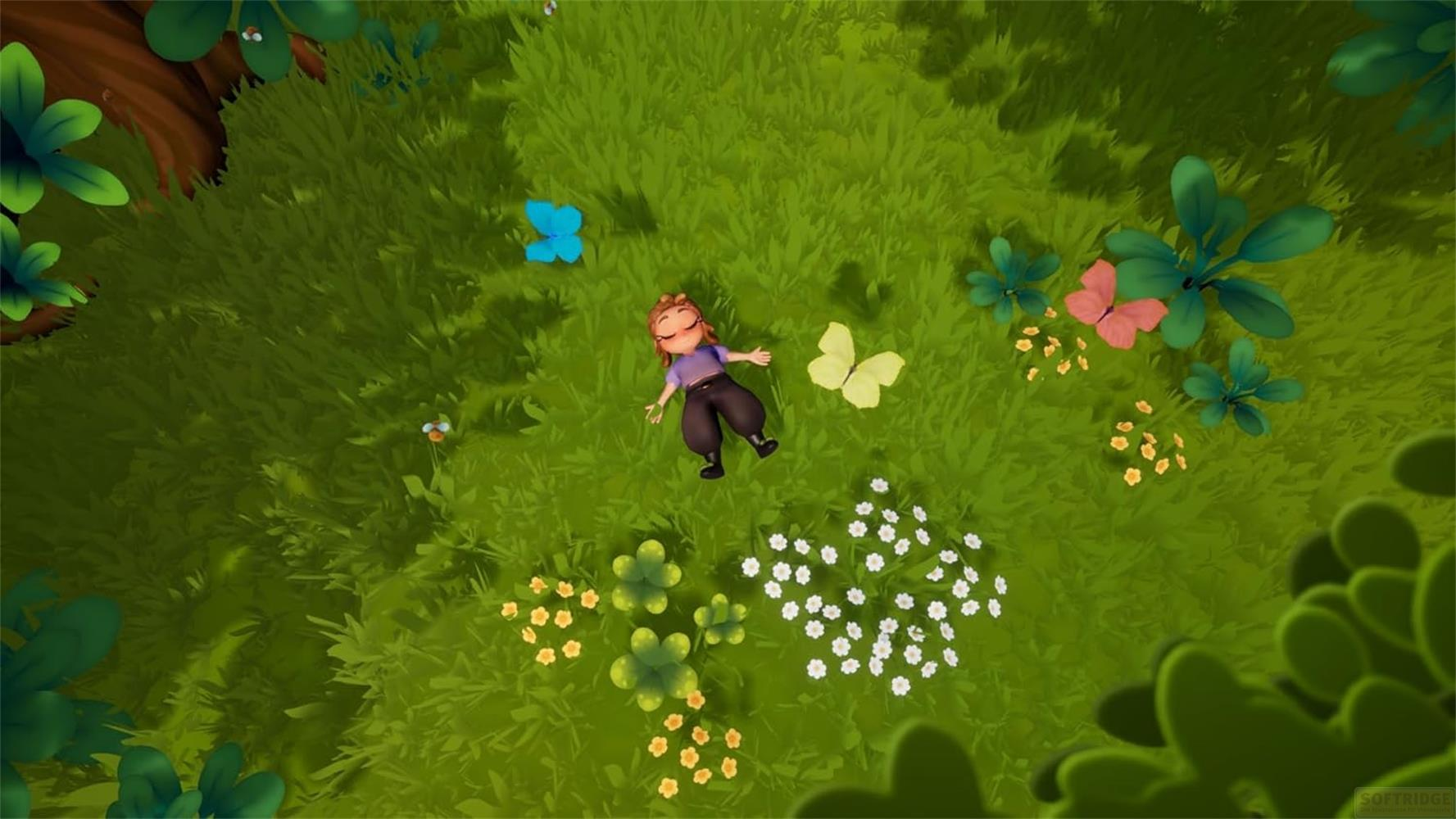 Ein Mädchen liegt im Gras, umgeben von bunten Schmetterlingen und Blumen.