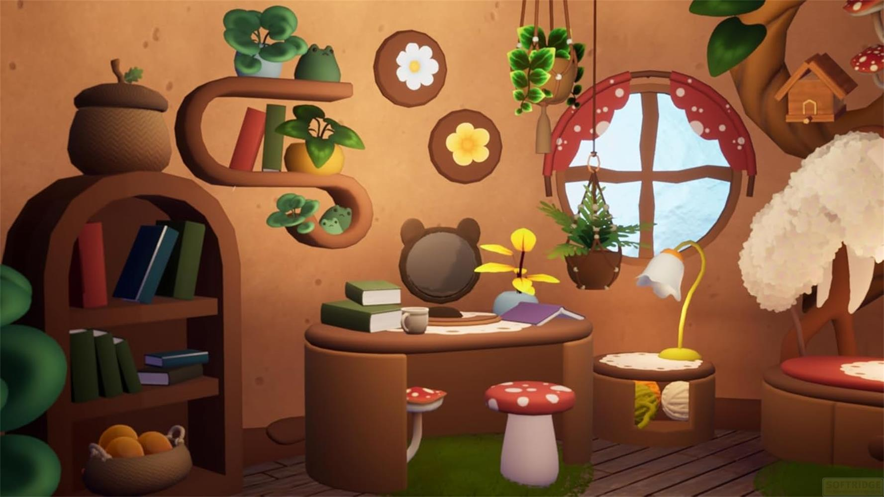 Ein märchenhaftes Zimmer mit einem Schreibtisch, Büchern, Pflanzen und Pilzhockern.