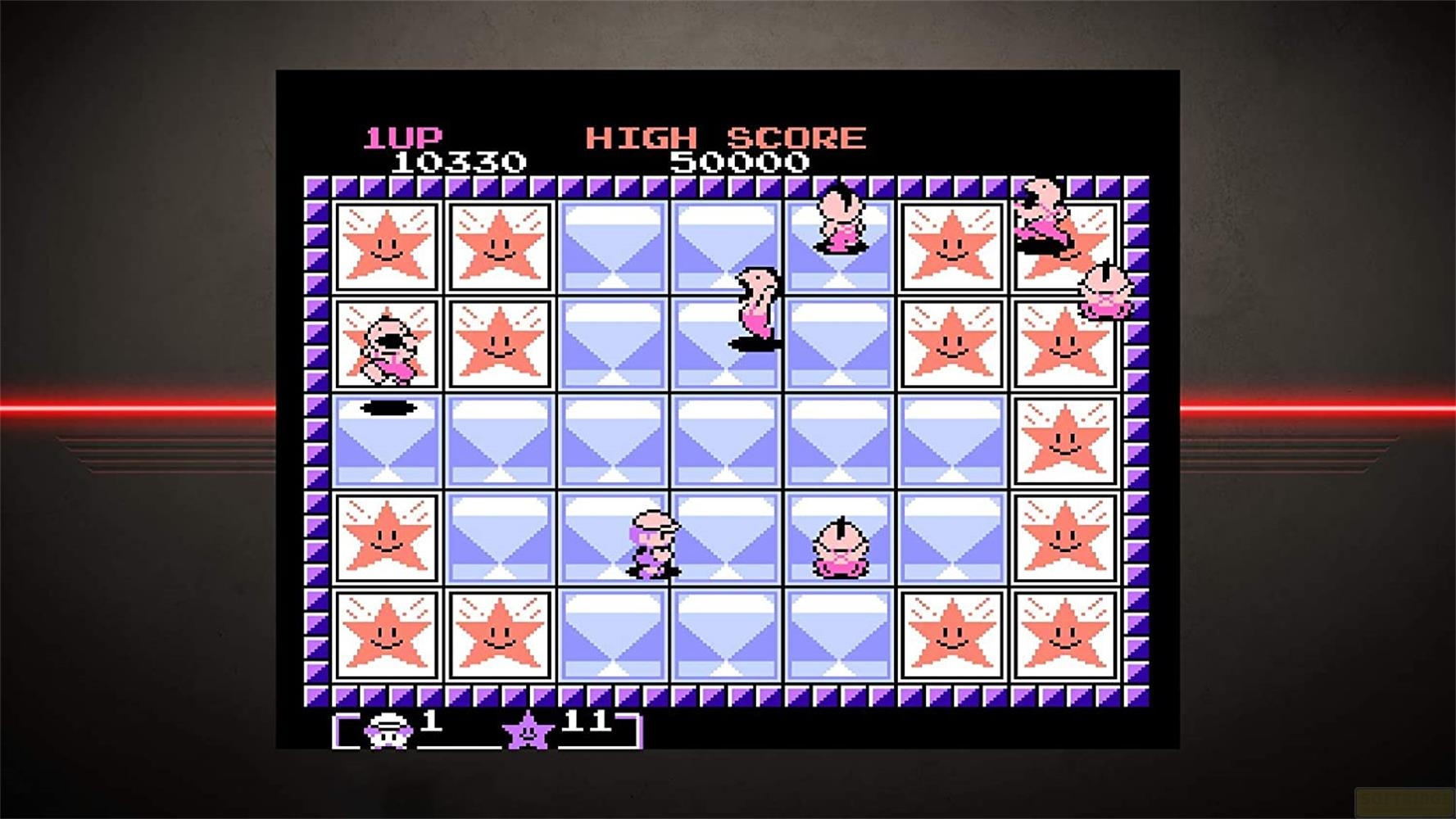Retro-Spielbildschirm mit Sternen, Diamanten und Charakteren. Punktestand: 10330.