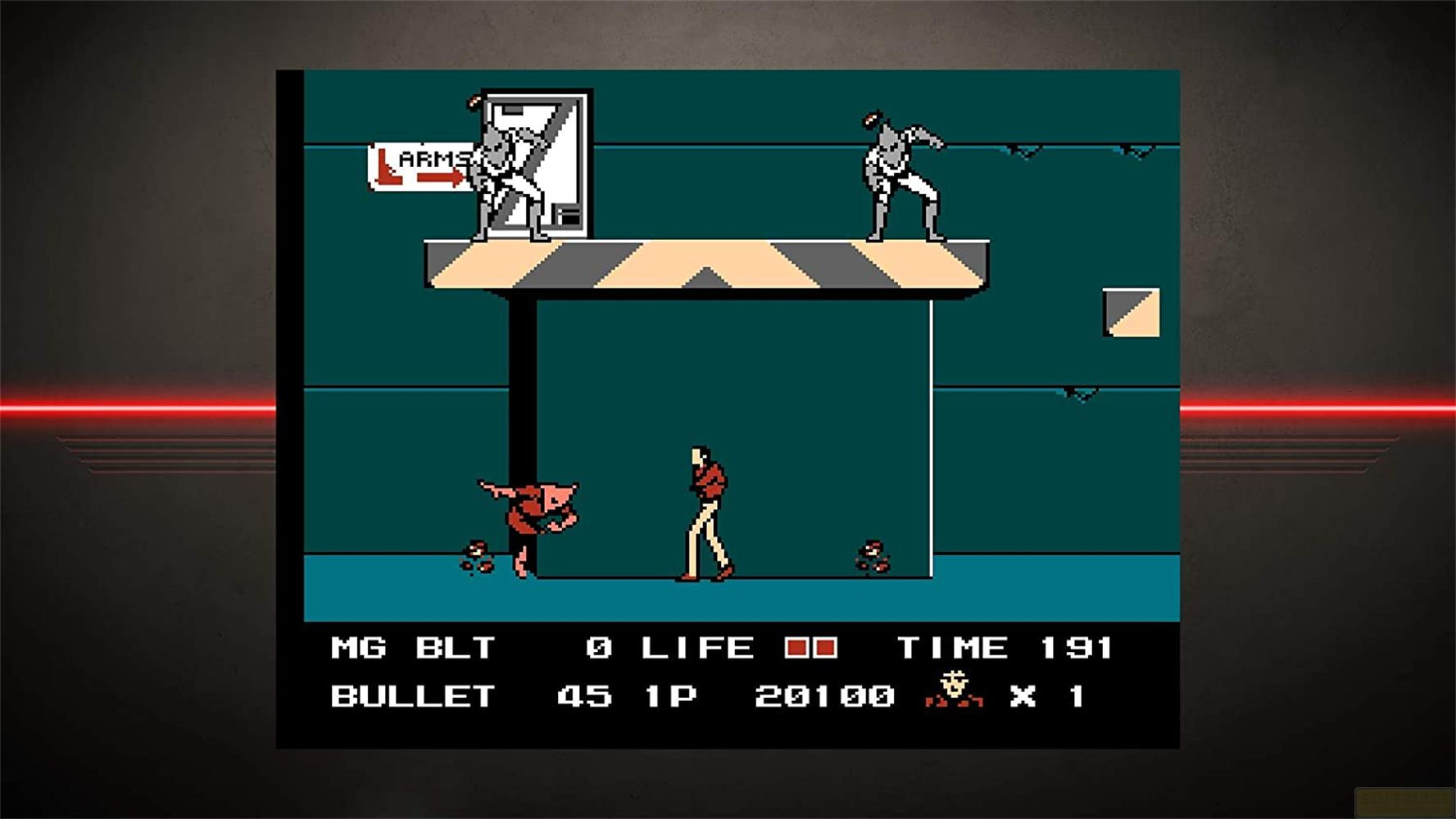 Pixel-Kampfszene mit zwei Gegnern oben und einem Spieler unten.