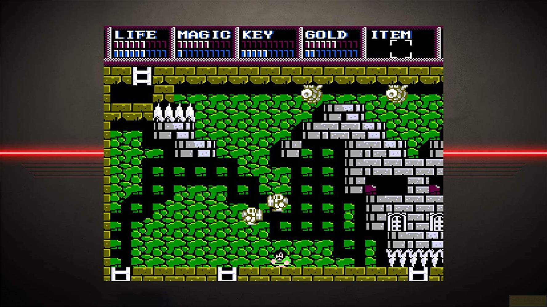 Pixeliges 2D-Spiel mit grüner Umgebung, Burgen und einem Charakter.