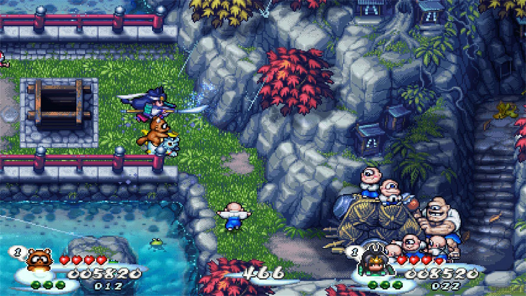 Ein Samurai auf einem Bären kämpft neben einem Brunnen und einem Fluss.