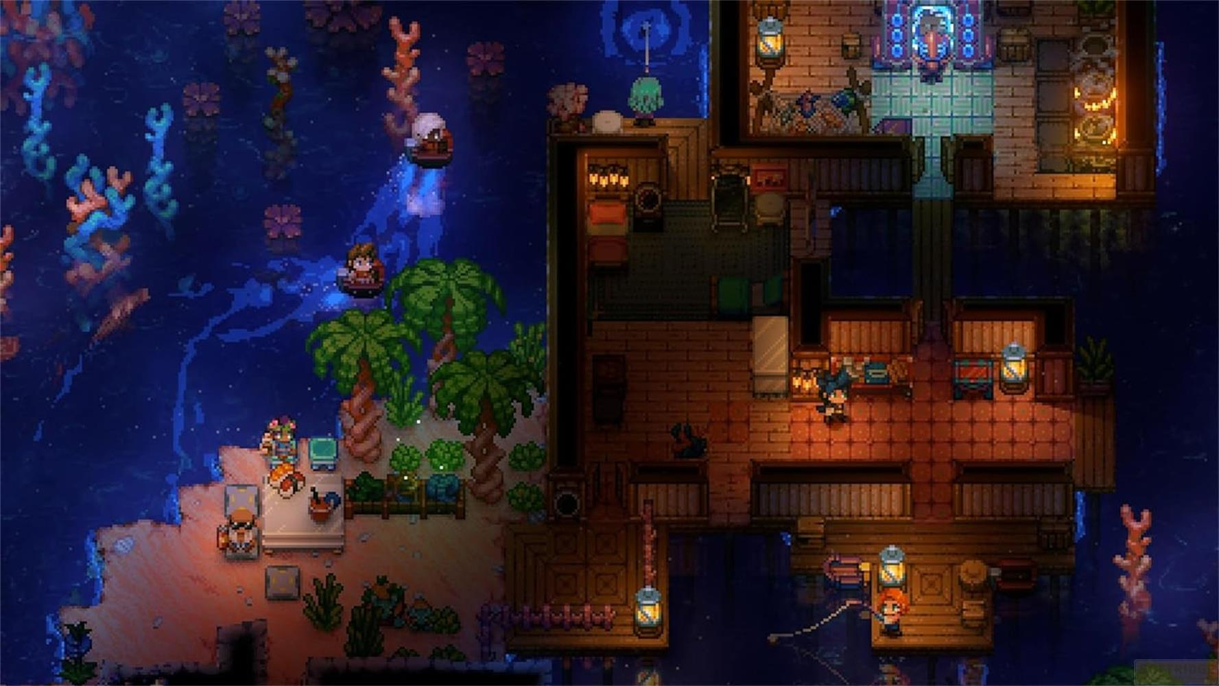 Pixel-Art-Szene mit einer Insel, Palmen und einem Haus am Wasser.