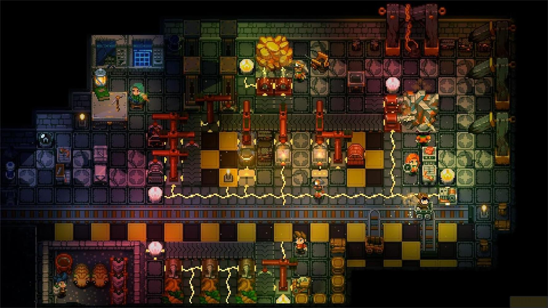 Pixel-Art-Spielszene mit Charakteren, Maschinen und Stromleitungen.