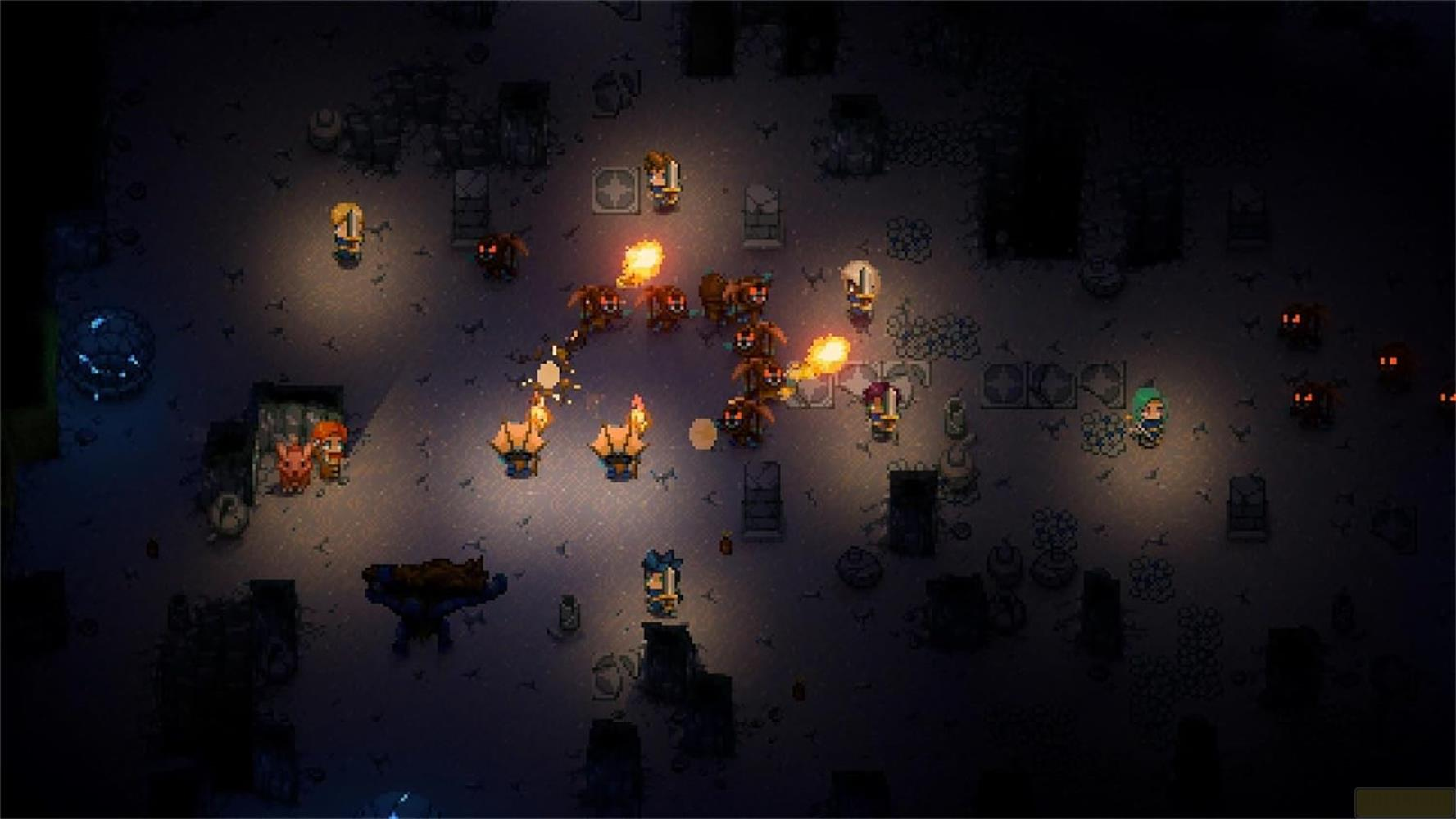 Pixel-Art-Kampf: Charaktere kämpfen gegen Monster in dunkler, ruinenhafter Umgebung.