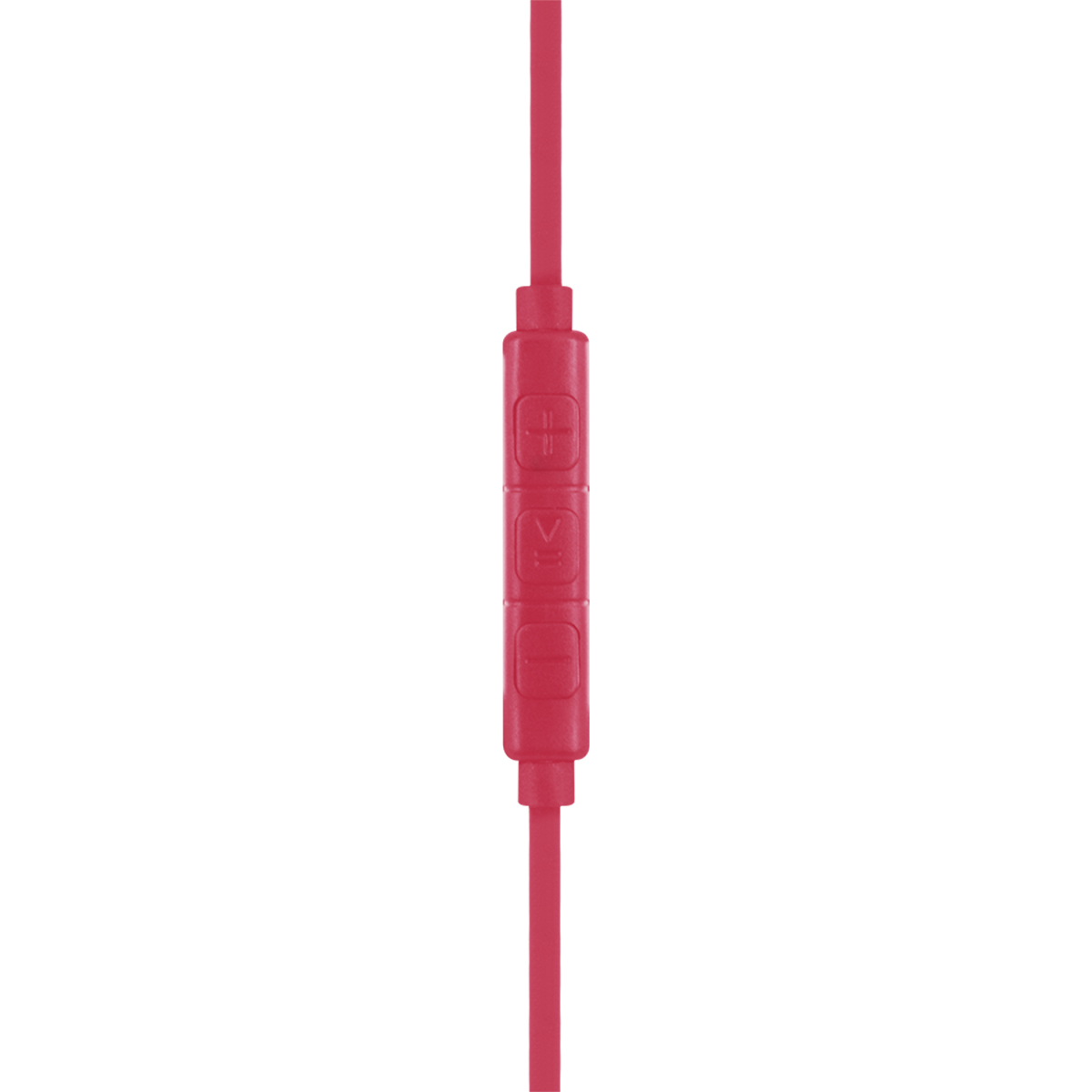 Cavo rosso per cuffie con pulsanti volume e riproduzione su sfondo bianco.
