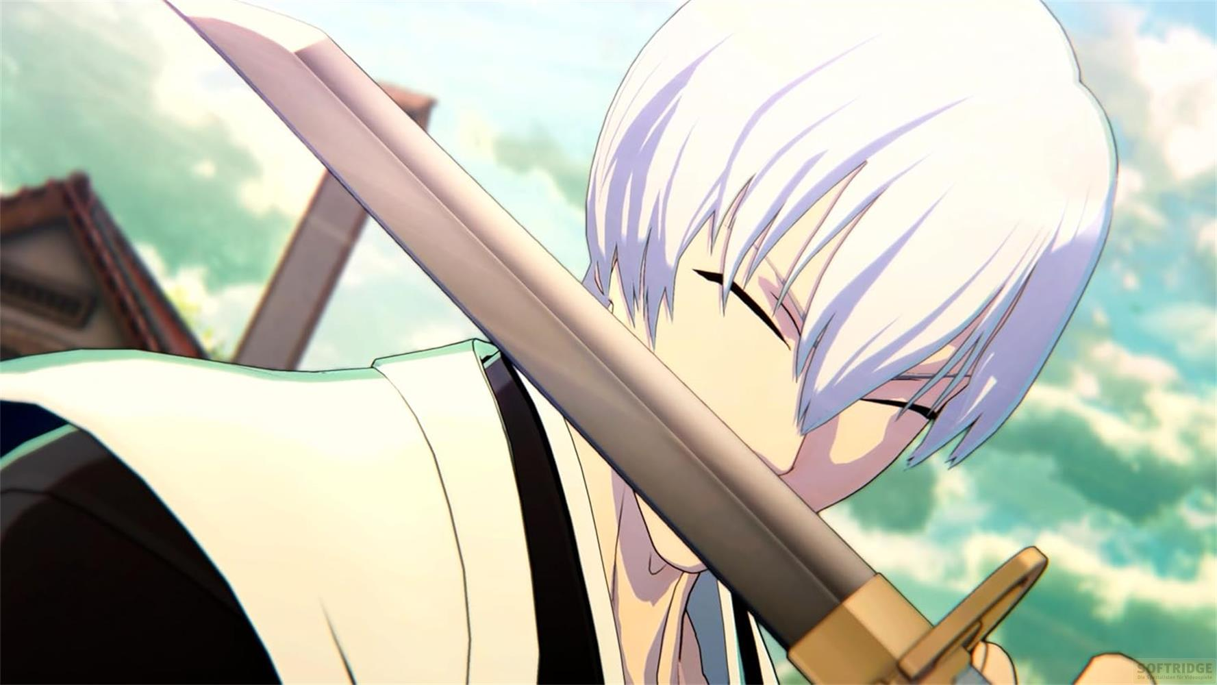 Anime-Charakter mit weißem Haar hält ein Schwert, Augen geschlossen.