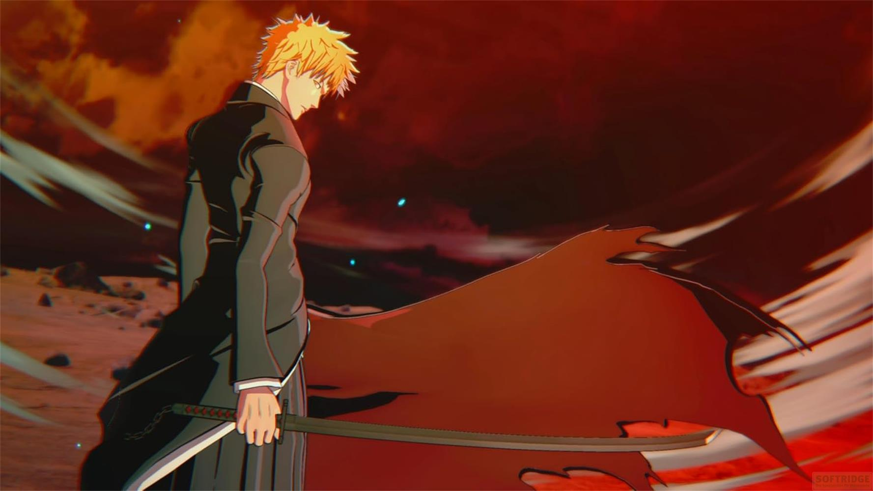Ein Anime-Charakter mit orangefarbenem Haar und einem schwarzen Anzug hält ein Schwert.