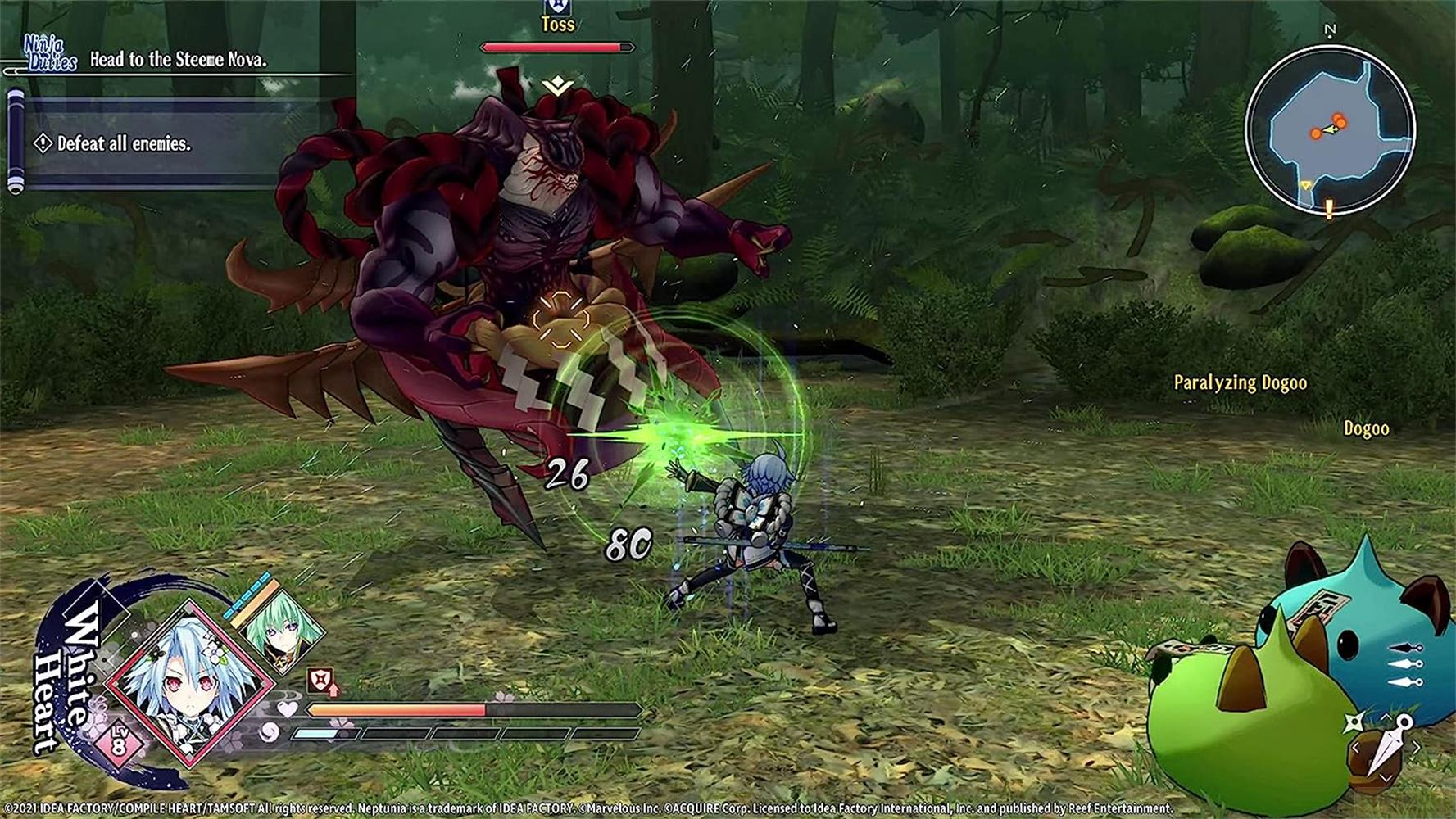 Un guerriero blu combatte un grande mostro rosso in una foresta con personaggi anime.