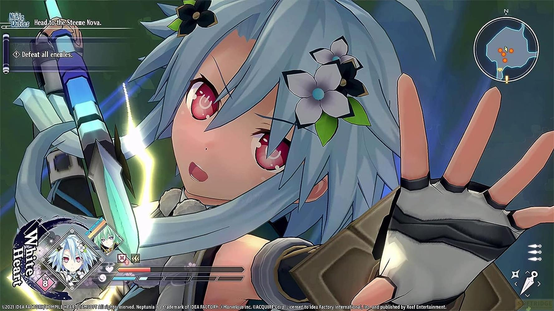 Ragazza anime con capelli blu e occhi rossi tiene un'arma. Interfaccia di gioco in primo piano.
