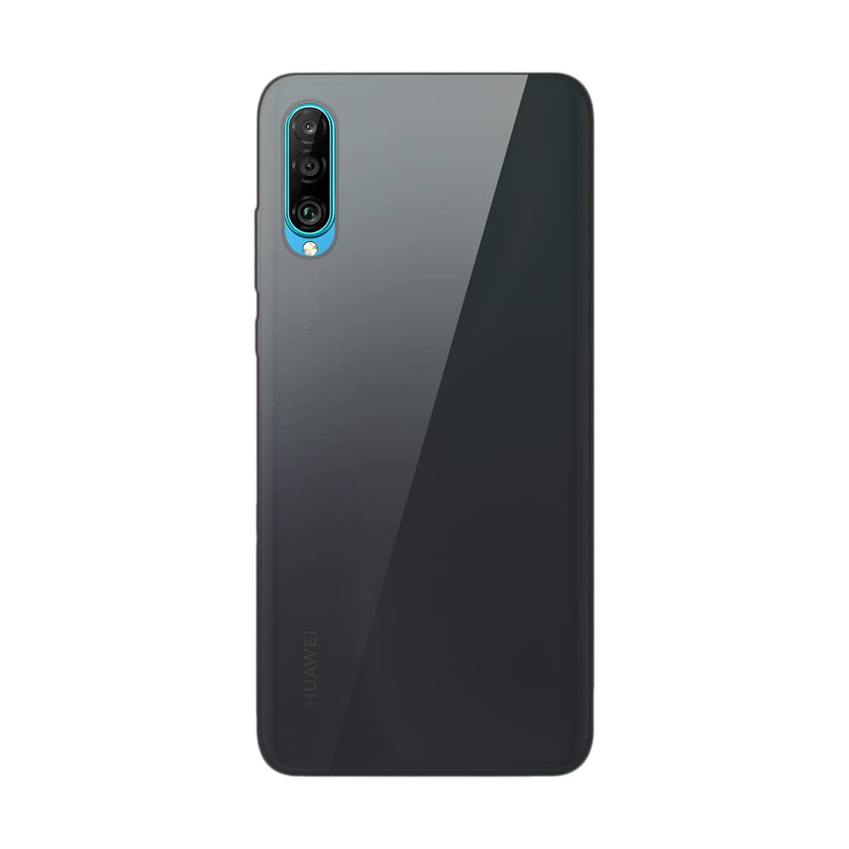 Retro di uno smartphone Huawei scuro con tripla fotocamera e anello blu.